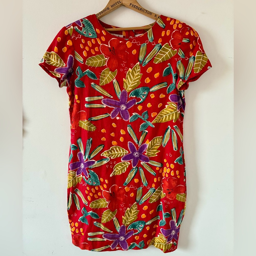 LIZ CLAIRBORNE | Vintage 100% Linen Red Floral Short Sleeve Dress - Size 12